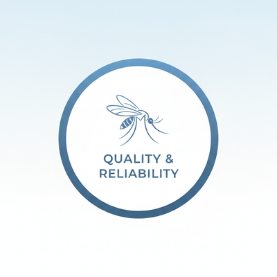 A minimalist trust badge with a stylized mosquito icon inside a circular emblem, set against a soft sky blue and white backgr