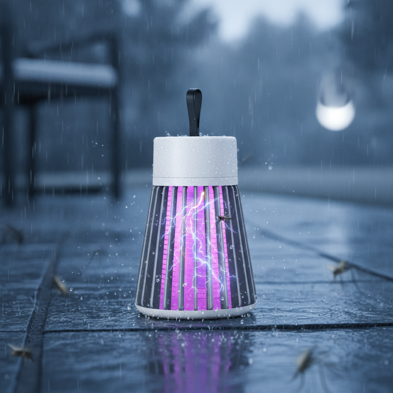 Yeonho Mosquito Killer lamp on a patio during a light rain shower, demonstrating its weatherproof outer shell.
