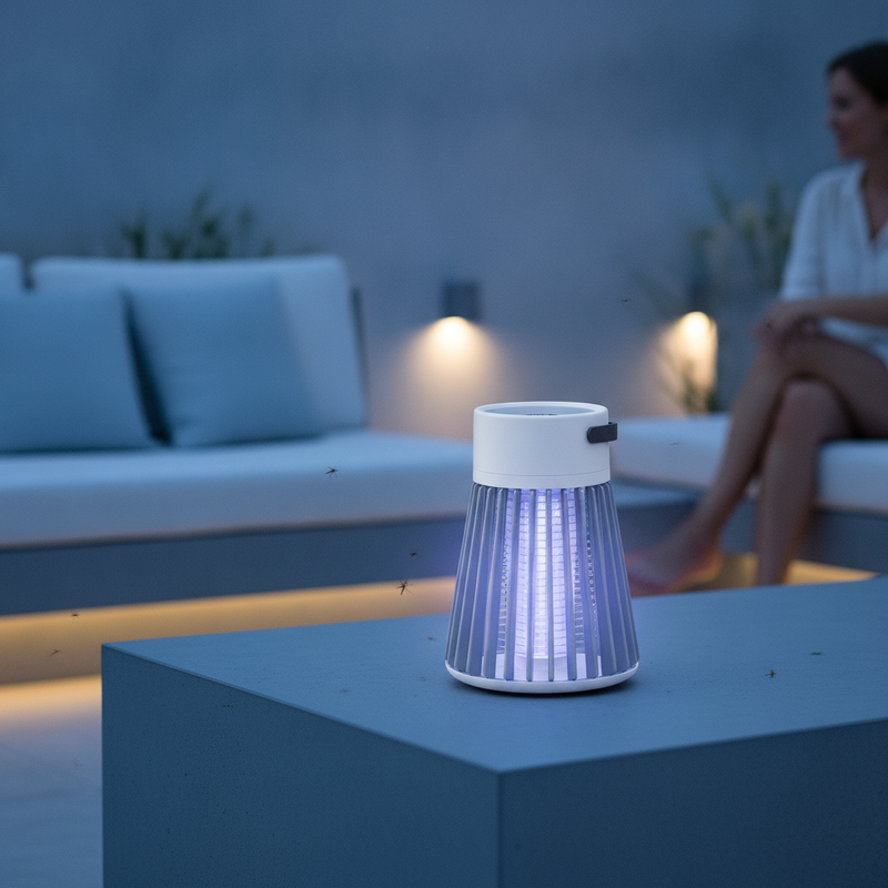 Yeonho Mosquito Killer lamp on a modern patio at dusk, its UV-LED emitters glowing, with blurred slate blue and sky blue back
