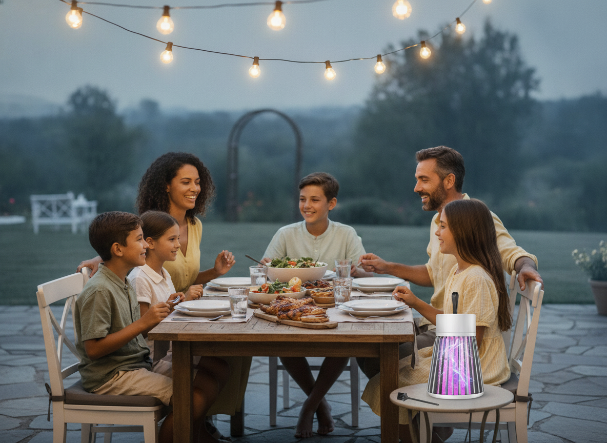 A diverse family eats dinner outdoors, a Yeonho Mosquito Killer lamp on the table. The backyard is warmly lit.