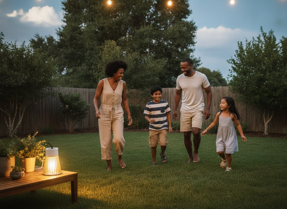 A diverse family playing in a backyard at dusk, children laughing, with the Yeonho Mosquito Killer lamp subtly visible in the